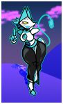  anthro blue_hair blush blush_stickers boots bottomwear breasts clothing darkner deltarune felid female floating_hands footwear hair loincloth looking_at_viewer machine mammal nanodude78 open_mouth robot solo tasque_manager thick_thighs topwear undertale_(series) yellow_eyes 