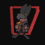  absurd_res anthro baggy_clothing band-aid band-aid_on_face band-aid_on_nose bandage black_background black_body black_fur cheek_tuft chest_tuft chibi clothing cyberpunk_2077 facial_tuft fur grey_body grey_fur half-closed_eyes hi_res jacket lagomorph leporid male mammal narrowed_eyes nick_(the_xing1) open_mouth open_smile rabbit shirt simple_background smile solo sweatpants t-shirt topwear tuft wide_eyed xing1 