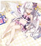  1girl absurdres azusa_(blue_archive) azusa_(swimsuit)_(blue_archive) bare_shoulders barefoot bikini black_bikini blue_archive closed_mouth commentary_request day feathered_wings flower full_body grey_eyes grey_hair hair_between_eyes hair_flower hair_ornament highres knees_together_feet_apart knees_up legs long_hair looking_at_viewer navel official_alternate_costume outdoors pink_bikini purple_flower sitting solo strapless strapless_bikini swimsuit toes very_long_hair white_wings wings yukie_(kusaka_shi) 