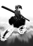  1girl absurdres commentary_request female_admiral_(kancolle) full_body furrowed_brow gloves greyscale highres huge_weapon kana_haruki kantai_collection medium_skirt monochrome ponytail sheath sheathed skirt solo speed_lines sword water weapon 