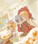  2girls blonde_hair bonnet bow bowl capelet chicken_leg closed_eyes coat commentary_request cup dress drill_hair drill_sidelocks drinking drinking_straw dutch_angle eating food frilled_bow frilled_capelet frills green_eyes hair_bow highres hinaichigo holding holding_bowl ice ice_cube indoors kiru_(m_putorius) lolita_fashion long_hair long_sleeves medium_bangs multiple_girls open_mouth painting_(object) pink_bow pink_coat red_capelet red_dress red_headwear rozen_maiden salad shinku short_hair sidelocks twintails upper_body 