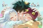  4girls 6+boys bakugou_katsuki black_hair blonde_hair boku_no_hero_academia cheek-to-cheek closed_eyes eri_(boku_no_hero_academia) explosive fake_horns female_child freckles green_eyes grenade heads_together highres hood hoodie horned_hat horned_headwear horns hug izumi_kouta long_hair male_child matsumotoshinnnosuke midoriya_izuku multiple_boys multiple_girls open_mouth shirt short_hair single_horn todoroki_shouto white_hair white_shirt yellow_hoodie 