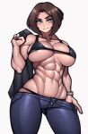  1girl abs absurdres bikini blue_eyes blush breasts brown_hair denim highres jeans large_breasts looking_at_viewer mole mole_under_eye muscular muscular_female pants roadi3 samsung samsung_sam short_hair smile solo swimsuit thong topless_male watch white_background 