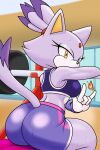  2023 2:3 anthro big_butt blaze_the_cat bodily_fluids bottomwear breasts butt clothing devil_horns_(gesture) domestic_cat elemental_manipulation exercise felid feline felis female fire fire_manipulation gem_on_forehead gesture hair hi_res huge_butt looking_at_viewer looking_back mammal ponytail sega solo sonic_the_hedgehog_(series) sonicguru sweat tail thick_thighs topwear weight_bench weightlifting workout workout_clothing 