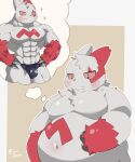  2022 abs absurd_res anthro biceps big_muscles biped blush claws digital_media_(artwork) generation_3_pokemon hi_res huge_belly jimmyzangoo looking_down male mostly_nude muscular nintendo nipples pecs pokemon pokemon_(species) simple_background solo thought_bubble triceps zangoose 