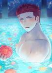  1boy bara blue_eyes blush character_request flower holding holding_flower hozu_(hozumi) large_pectorals looking_at_viewer male_focus muscular muscular_male partially_submerged pectorals petals red_flower red_hair red_rose rose scar scar_on_face scar_on_forehead short_hair smile solo tokyo_afterschool_summoners water 
