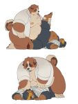  2023 3:4 anthro belly big_belly brown_body canid canine canis clothed clothing domestic_dog duo hi_res kemono male male/male mammal moobs nipples obese obese_male open_clothing open_shirt open_topwear overweight overweight_male quanjiang sex shirt simple_background topwear visor white_background 