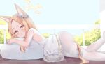  1girl animal_ears ass bad_id bad_pixiv_id blonde_hair blue_archive blush day dress fox_ears frilled_dress frills halo highres kianata long_hair looking_at_viewer lying on_stomach open_mouth outdoors pantyhose parted_lips seia_(blue_archive) solo white_dress white_pantyhose yellow_eyes yellow_halo 