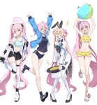  1girl absurdres animal_ears armpits arms_up ball beachball bikini black_footwear black_shirt black_skirt blonde_hair blue_archive blue_jacket blue_necktie breasts buruma closed_eyes fake_animal_ears frilled_bikini frills full_body gloves gym_shirt halo hat highres holding holding_ball holding_beachball holding_clothes holding_hat jacket koyuki_(blue_archive) long_hair multicolored_hair multiple_views necktie open_mouth pantyhose pink_hair ponytail rabbit_ears sandals shirt shoes simple_background skirt small_breasts smile sneakers standing standing_on_one_leg swimsuit tears thighhighs track_jacket twintails two-tone_hair very_long_hair white_background white_gloves white_headwear white_pantyhose white_thighhighs yellow_bikini yoru0409 