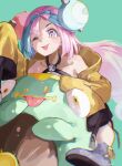  1girl ;p absurdres bare_shoulders bellibolt blue_background blue_hair bow-shaped_hair character_hair_ornament eyelashes hair_ornament highres iono_(pokemon) jacket long_hair long_sleeves multicolored_hair one_eye_closed pink_eyes pink_hair pokemon pokemon_(creature) pokemon_(game) pokemon_sv riding riding_pokemon sleeves_past_fingers sleeves_past_wrists tongue tongue_out two-tone_hair tyaui_(xjju4435) yellow_jacket 