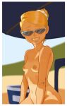  beach belly blonde_hair breasts hair_bun highres moitasart nipples nude original single_hair_bun small_breasts smile tan thighs 