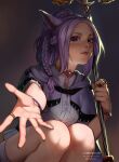  1girl animal_ears avatar_(ff14) big_hair bracelet breasts cat_ears cat_girl dide6an final_fantasy final_fantasy_xiv holding holding_staff jewelry long_hair looking_at_viewer medium_breasts miqo&#039;te purple_eyes purple_hair ring solo staff 