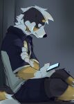  anthro black_body black_fur black_nose blue_bottomwear blue_clothing blue_shorts blue_topwear bottomwear canid canine canis cellphone clothed clothing domestic_dog fur hi_res holding_cellphone holding_object holding_phone holding_smartphone kuttoyaki looking_at_smartphone male mammal mouth_closed phone shorts side_view sitting smartphone solo tan_body tan_fur topwear white_body white_clothing white_fur white_topwear 