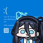  1girl @_@ aris_(blue_archive) black_hair blue_archive blue_jacket blue_necktie blue_screen_of_death blush_stickers chibi commentary hair_between_eyes halo jacket jazz_jack long_bangs lowres necktie one_side_up open_clothes open_jacket pun solo upper_body wide_face 
