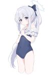  1girl bare_shoulders blue_archive blue_bow blue_one-piece_swimsuit blush bow closed_mouth collarbone covered_navel cram960 cropped_legs frills grey_hair hair_between_eyes hair_bow halo hands_on_own_chest highres long_hair looking_at_viewer miyako_(blue_archive) miyako_(swimsuit)_(blue_archive) off_shoulder one-piece_swimsuit ponytail purple_eyes school_swimsuit simple_background solo swimsuit white_background 