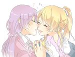  2girls ayase_eli blonde_hair blue_jacket blush closed_eyes closed_mouth collared_shirt commentary_request couple dress_shirt fur-trimmed_jacket fur_trim hair_ornament hair_scrunchie imminent_kiss jacket kashikaze long_hair love_live! love_live!_school_idol_project medium_hair multiple_girls parted_lips pink_jacket pink_shirt ponytail purple_hair purple_scrunchie scrunchie shirt simple_background sparkle toujou_nozomi translation_request upper_body white_background white_scrunchie white_shirt yuri 