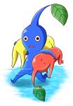  black_eyes blue_pikmin blue_skin colored_skin commentary_request holding leaf lowres no_humans partially_submerged pikmin_(creature) pikmin_(series) raihachi red_pikmin red_skin rescue shadow sweat triangle_mouth water white_background yellow_pikmin yellow_skin 