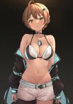  1girl absurdres ahoge asymmetrical_legwear b1ack_illust bikini bikini_top_only blush braid breasts brown_hair cleavage collarbone commentary_request commission green_eyes highres idolmaster idolmaster_million_live! jacket jacket_partially_removed large_breasts looking_at_viewer multicolored_clothes multicolored_jacket navel pixiv_commission sakuramori_kaori shorts simple_background solo stomach swimsuit two-tone_jacket white_shorts 