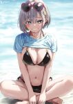  1girl aqua_eyes barefoot bikini black_bikini blue_shirt blurry blurry_background breasts cleavage clothes_lift collarbone commentary_request eyewear_on_head grey_hair hair_between_eyes hair_ornament hairclip heart heart-shaped_eyewear indian_style jonsun large_breasts looking_at_viewer navel ocean original riku_(jonsun) shirt shirt_lift short_hair side-tie_bikini_bottom sitting smile solo sunglasses swimsuit toenails toes twitter_username wet 