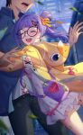  1boy 1girl absurdres animal_hood black_pants blue_shirt bow breasts cityscape closed_eyes coat collared_shirt crazy_ones dress glasses hair_ornament hairclip highres hood hug official_art open_mouth pants pink_bow protagonist_(crazy_ones) purple_eyes qianye_zhizi shirt side_ponytail small_breasts teeth upper_teeth_only white_dress white_shirt yellow_bow yellow_coat 