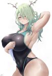  1girl absurdres arm_behind_head arm_up armpits black_one-piece_swimsuit blush breasts ceres_fauna covered_navel flower green_hair hair_flower hair_ornament highleg highleg_swimsuit highres hololive hololive_english huge_breasts looking_at_viewer navel one-piece_swimsuit swimsuit thanaphondeech1 virtual_youtuber wet white_background yellow_eyes 