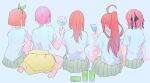  5girls ahoge arm_support barefoot brown_hair butterfly_hair_ornament can commentary_request electric_fan food from_behind full_body go-toubun_no_hanayome green_ribbon green_skirt hair_ornament hair_ribbon hand_up highres holding holding_food holding_ice_cream ice_cream light_blue_background long_hair medium_hair miniskirt multiple_girls nakano_ichika nakano_itsuki nakano_miku nakano_nino nakano_yotsuba orange_hair pink_hair pleated_skirt ponytail quintuplets red_hair ribbon school_uniform shirt short_hair short_sleeves siblings sidelocks simple_background sisters sitting skirt straight_hair two_side_up valentine_(02140314c) wariza white_shirt 