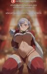  1girl ass_visible_through_thighs bikini black_clover blurry blurry_background blush breasts cameltoe capelet christmas_tree closed_mouth commentary curtains english_text fur-trimmed_capelet fur-trimmed_thighhighs fur_trim gloves highres indoors kneeling large_breasts looking_at_viewer navel noelle_silva patreon_logo patreon_username pout purple_eyes red_bikini red_capelet red_gloves shexyo solo swimsuit symbol-only_commentary thick_thighs thighhighs thighs twintails underboob v-shaped_eyebrows web_address window 