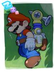  1boy belt blue_overalls brown_footwear f.l.u.d.d. facial_hair from_side full_body gloves hat highres hoshi_(star-name2000) mario mario_(series) mustache overalls red_headwear shade sleeping solo super_mario_sunshine 
