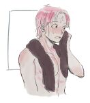  1boy abs after_bathing cropped_torso koby_(one_piece) male_focus mocchi_(mkz) nude one_piece pectorals pink_hair sanpaku scar scar_on_face short_hair solo toned toned_male towel towel_around_neck wiping_face 