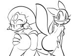  anthro auriia_(pencil-arts) bodily_fluids breasts butt carmine_(pencil-arts) claws duo eyelashes fan_character female fur generation_4_pokemon hi_res looking_at_viewer lucario monochrome nintendo open_mouth pencil-arts pokemon pokemon_(species) presenting presenting_hindquarters simple_background sketch spikes spikes_(anatomy) sweat weavile white_background 