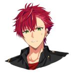  1boy anger_vein clenched_teeth collared_shirt commentary_request ear_piercing earrings green_eyes helios_rising_heroes highres jewelry looking_at_viewer male_focus otori_akira partial_commentary piercing portrait red_hair sekina shirt short_hair simple_background solo teeth white_background 