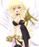  1girl black_thighhighs blonde_hair breasts choker claws cleavage covered_nipples duel_monster feathered_wings feathers green_eyes hair_between_eyes harpie_dancer harpy hayabusa_koi long_hair looking_at_viewer medium_breasts monster_girl navel open_mouth pointy_ears reaching reaching_towards_viewer solo thighhighs white_feathers white_wings winged_arms wings yu-gi-oh! 