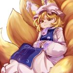  1girl :&lt; blonde_hair dungeon_toaster fox_tail hat highres long_sleeves ofuda short_hair solo tabard tail touhou yakumo_ran yellow_eyes 