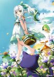  +_+ 1girl :d animal aranara_(genshin_impact) arms_behind_back bare_shoulders barefoot basket black_cat blue_sky blush cat cloud day dress flower from_side genshin_impact gradient_hair green_eyes green_hair green_ribbon grey_hair hair_ribbon highres holding holding_basket looking_at_viewer looking_to_the_side multicolored_hair nahida_(genshin_impact) nyanya outdoors petals pointy_ears purple_flower ribbon side_ponytail sidelocks sky sleeveless sleeveless_dress smile soles twitter_username white_dress yellow_flower 