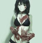  1girl black_bra black_hair black_panties blood blood_on_body blood_on_face blood_on_hands bra breasts closed_mouth gd783hhh green_eyes hands_on_own_stomach jaggy_lines looking_at_viewer medium_breasts medium_hair navel original pale_skin panties solo stomach underwear 