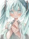  1girl :o absurdres aqua_eyes aqua_hair artist_name bare_shoulders blush breasts detached_sleeves grey_shirt hair_ornament hatsune_miku highres holding_own_wrist long_hair looking_at_viewer medium_breasts open_mouth shirt sidelocks simple_background solo teeth twintails upper_body vocaloid white_background yuta_2341 