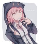  1girl aima_(a_1ma) animal_hood backpack bag black_shirt breasts cat_hood collared_shirt danganronpa_(series) danganronpa_2:_goodbye_despair dated dress_shirt fang flipped_hair grey_background hands_up highres hood hood_up hooded_jacket jacket light_brown_hair medium_breasts medium_hair mouth_hold nanami_chiaki neck_ribbon no_hair_ornament pink_eyes pink_ribbon ribbon shirt skin_fang white_background white_shirt 