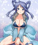  1girl ahoge bikini blue_background blue_bikini blue_eyes blue_hair breasts cleavage commentary fur_trim hair_rings highres huyusilver large_breasts long_hair long_sleeves looking_back open_mouth original sitting snowflakes solo swimsuit 