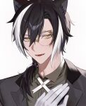  1boy absurdres animal_ears black_hair chap_yun gloves hair_between_eyes hand_on_own_chest highres holostars jackal_boy jackal_ears kageyama_shien looking_at_viewer low_side_ponytail male_focus medium_hair monocle multicolored_hair open_mouth portrait purple_ribbon ribbon short_hair slit_pupils smile solo two-tone_hair virtual_youtuber white_background white_gloves white_hair yellow_eyes 
