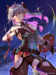  1girl atelier_(series) atelier_resleriana belt breasts broken_horn colored_inner_hair demon_horns gloves guest_art highres horns hungry_clicker looking_to_the_side low_twintails multicolored_hair official_art partially_fingerless_gloves pink_hair sideboob sky solo star_(sky) starry_sky thighs twintails two-tone_hair valeria_(atelier) 