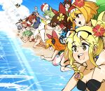  6+girls alice_margatroid alternate_costume ball beach beachball bikini black-framed_eyewear black_bikini black_one-piece_swimsuit black_wings blonde_hair blue_shirt blue_sky blush bow braid breasts brown_hair brown_horns cleavage closed_eyes closed_mouth cloud commentary_request cookie_(touhou) daiyousei day diyusi_(cookie) eyewear_on_head fishing_rod flat_chest flower flying food_print frilled_hair_tubes frills full_body genpatsu_(cookie) glasses gram_9 green_hair grin hair_bobbles hair_bow hair_flower hair_ornament hair_tubes hairband hakurei_reimu head_wings hibiscus highres hinase_(cookie) holding holding_fishing_rod horns ibuki_suika izayoi_sakuya jumping kazami_yuuka kirisame_marisa koakuma large_breasts long_hair looking_afar macota_(cookie) manatsu_no_yo_no_inmu medium_bangs medium_breasts multiple_girls nadeko_(cookie) navel ocean old_school_swimsuit one-piece_swimsuit onozuka_komachi open_mouth outdoors pale_skin pink_innertube plaid plaid_bikini print_bikini red_bikini red_bow red_flower red_hair red_hairband reiuji_utsuho reu_(cookie) running sakenomi_(cookie) school_swimsuit shirt shishou_(cookie) short_hair single_braid sky smile sparkle striped_innertube swimsuit the_chicken_that_appears_in_the_middle_of_cookie touhou upper_body uzuki_(cookie) water watermelon_print white_innertube wings yajuu_senpai yamin_(cookie) yellow_bikini yellow_bow yellow_eyes yellow_flower yuzuyu_(cookie) 