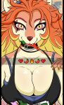  2023 adrina_(dislyte) anthro big_breasts blazkenzxy blonde_hair bra breasts canid canine chili_pepper cleavage clothed clothing collar digital_drawing_(artwork) digital_media_(artwork) dislyte emoji female food fox fruit fur hair hi_res long_hair looking_at_viewer mammal mouth_hold multicolored_body multicolored_eyes multicolored_fur orange_hair pepper_(fruit) plant presenting presenting_breasts selfie shirt signature simple_background solo sports_bra tan_body tan_fur tank_top topwear underwear 