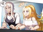  2girls arcade aversa_(fire_emblem) betabetamaru black_choker blonde_hair bra_strap breasts choker commentary_request commission contemporary english_commentary facial_mark fire_emblem fire_emblem_awakening highres long_hair medium_breasts mixed-language_commentary motion_lines multiple_girls nowi_(fire_emblem) off-shoulder_shirt off_shoulder playing_games pointy_ears ponytail purple_eyes red_eyes shirt sidelocks skeb_commission small_breasts smile spoken_squiggle squiggle sweat tan tongue tongue_out very_long_hair wavy_mouth white_hair white_shirt 