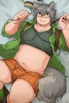  1boy absurdres animal_ears bara belly blush boxers bulge collared_shirt feet_out_of_frame fox_boy fox_ears fox_tail glasses goatee_stubble green_eyes grey_hair haishiba_ame hands_up headphones highres layered_shirt looking_at_another lying male_focus male_underwear mouth_hold navel oc_(haishiba_ama) on_back open_clothes open_shirt orange_male_underwear original plump shirt short_hair solo striped_male_underwear tail thick_eyebrows thick_thighs thighs underwear 