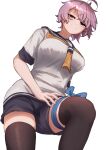  1girl ahoge aoba_(kancolle) black_sailor_collar black_shorts black_thighhighs blue_ribbon breasts cowboy_shot from_below green_eyes highres ikadamo kantai_collection medium_breasts messy_hair neckerchief ponytail purple_hair ribbon sailor_collar school_uniform serafuku short_hair shorts simple_background smile solo thighhighs white_background yellow_neckerchief 