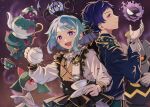 2boys absurdres adjusting_clothes adjusting_gloves blue_hair blunt_ends chandelure character_request closed_mouth colored_eyelashes commentary_request crossover cup dark_blue_hair ensemble_stars! fingernails frills fushimi_yuzuru gastly gloves highres holding holding_cup holding_teapot kirlia long_sleeves looking_at_viewer misdreavus multiple_boys open_mouth pokemon pokemon_(creature) pouring purple_eyes shino_hajime short_hair teapot upper_body wednesday_108 white_gloves 