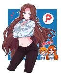  3girls ? black_pants blonde_hair blue_eyes breasts brown_hair brown_hairband collared_shirt don_quixote_(limbus_company) hairband ishmael_(limbus_company) large_breasts limbus_company long_hair long_sleeves multiple_girls open_mouth orange_hair pants parted_bangs project_moon rodion_(limbus_company) shirt short_hair sidelocks smile undressing very_long_hair white_shirt yono_neie 