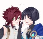  2boys akanbe armor bare_shoulders bishounen black_hair blue_eyes blue_vest bob_cut brown_hair commentary_request eyelid_pull frown genshin_impact gloves gold_trim green_eyes highres japanese_armor kote kurokote looking_at_viewer low_ponytail male_focus mole mole_under_each_eye mole_under_eye multicolored_hair multiple_boys multiple_moles no_headwear partially_fingerless_gloves red_hair scaramouche_(genshin_impact) shikanoin_heizou short_hair simple_background sound_effects tongue tongue_out translated two-tone_eyes two-tone_vest unishuri vest vision_(genshin_impact) wanderer_(genshin_impact) white_background white_vest 