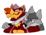  anthro canid canine canis coyote domestic_dog duo fox fur grey_body grey_fur knife knife_play lasair licking licking_lips male male/male mammal red_body red_fur tongue tongue_out wolf 