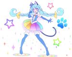  1girl animal_ears black_choker blue_footwear blue_gloves blue_hair boots braid cat_ears cat_tail choker cure_cosmo dress elbow_gloves full_body fur-trimmed_boots fur-trimmed_gloves fur_trim gloves hair_between_eyes hat kyoutsuugengo long_hair looking_at_viewer magical_girl mini_hat mini_top_hat multicolored_hair open_mouth pink_hair precure rainbow_skirt smile solo sparkle star_(symbol) star_twinkle_precure streaked_hair tail thigh_boots top_hat triangle_hair_ornament twin_braids very_long_hair yellow_eyes yuni_(precure) 